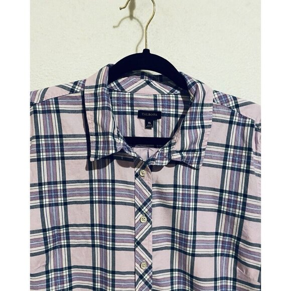 Talbots Top Womens XL Pink Metallic Plaid Button Up Long Sleeve Preppy Classic - Picture 2 of 7